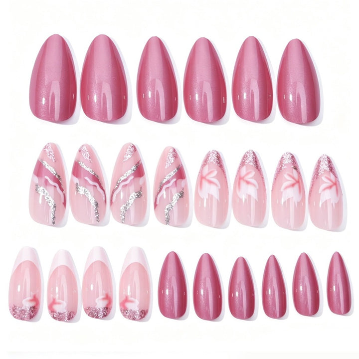 Acrylic nail set with floral patterns and glitter elements Stornfield