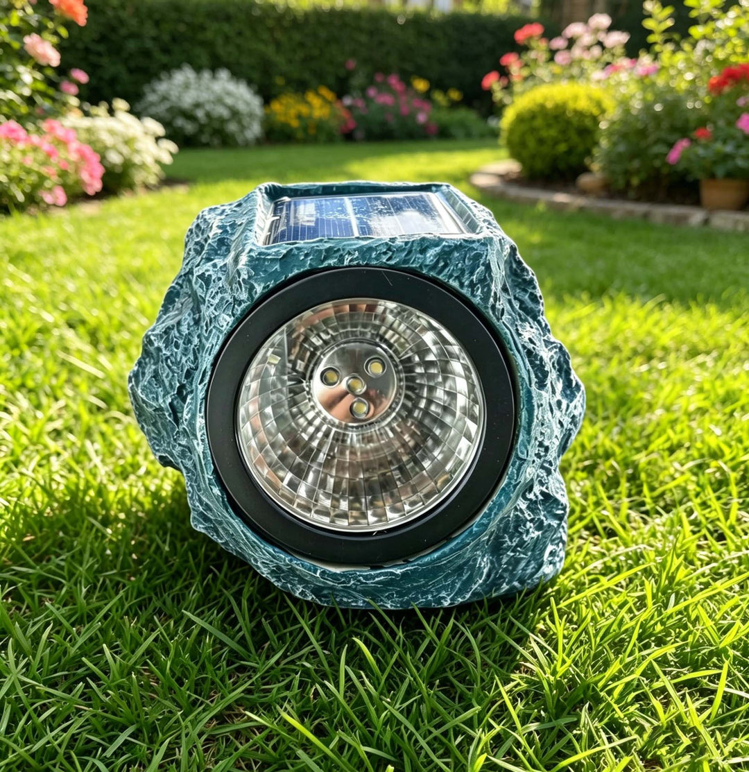 Solar-Powered LED Faux-Rock Garden Spotlight With Integrated Solar Panel And Weatherproof Textured Resin Housing Stornfield