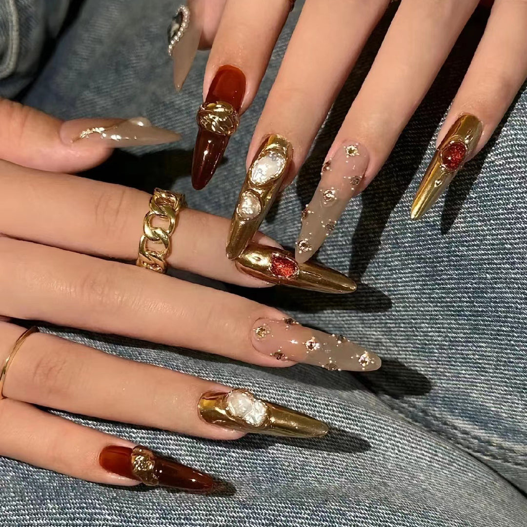 Artistic Press-On Nail Set with Luxury Gemstone Accents Stornfield