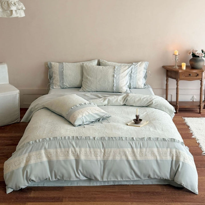 Ruffled Cotton Sateen Duvet Cover Set with Tied Pillow Shams