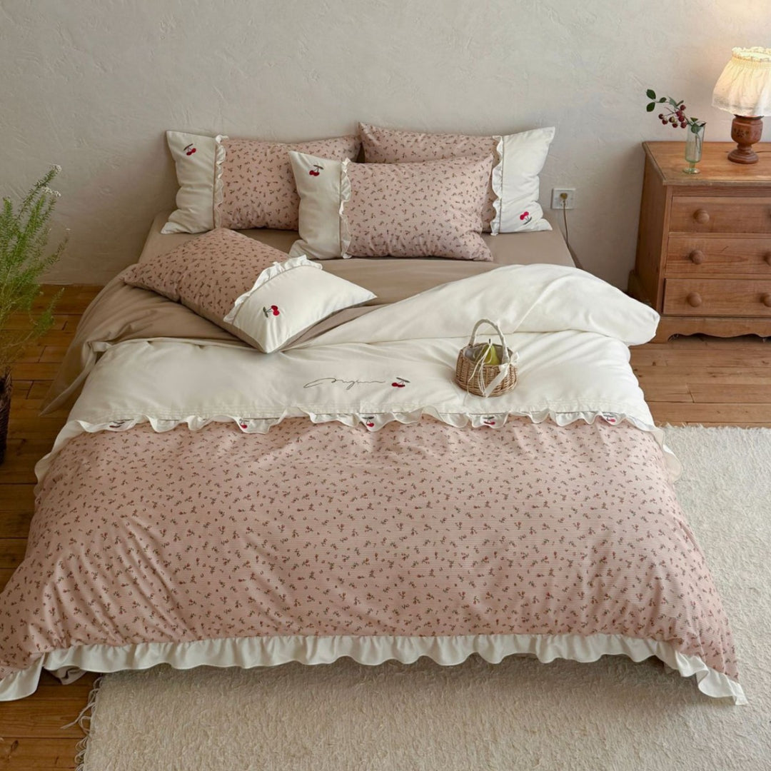 Ruffled Ditsy Floral Cotton Duvet Cover Set with Cherry Embroidered Trim