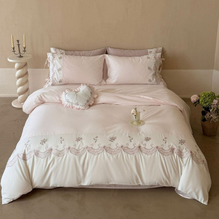 Embroidered Scalloped Lace Duvet Cover Bedding Set with Ruffle-Trim Decorative Pillow
