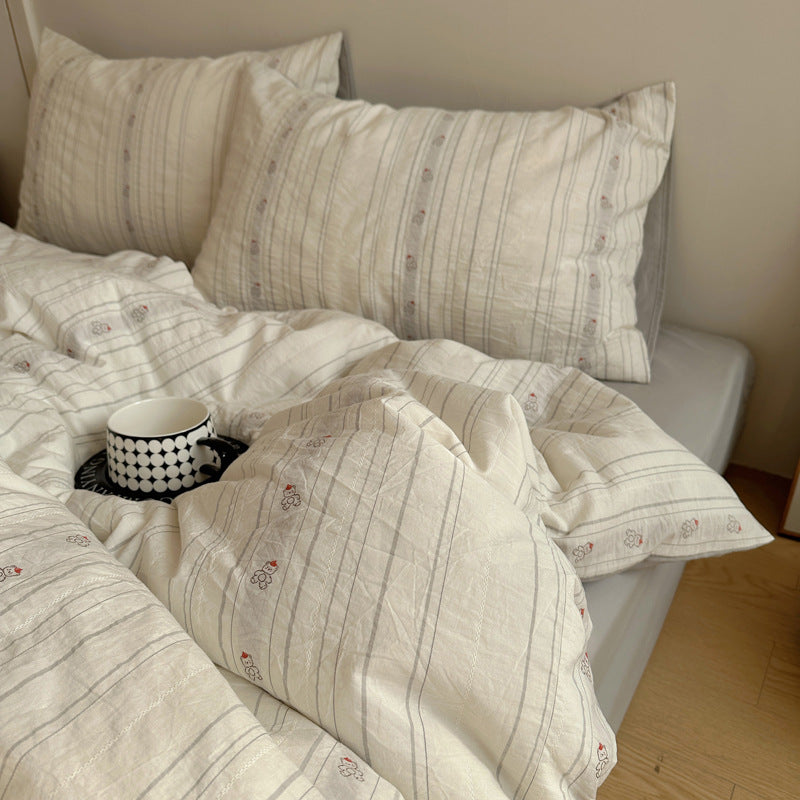 Cotton Washed Stripe Duvet Cover Set with Mini Bear Motif Pillow Shams