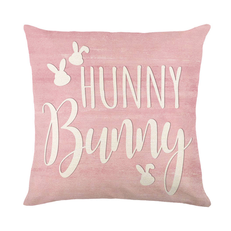 Square Cotton-Linen Decorative Throw Pillow Cover with Easter Bunny Script Print