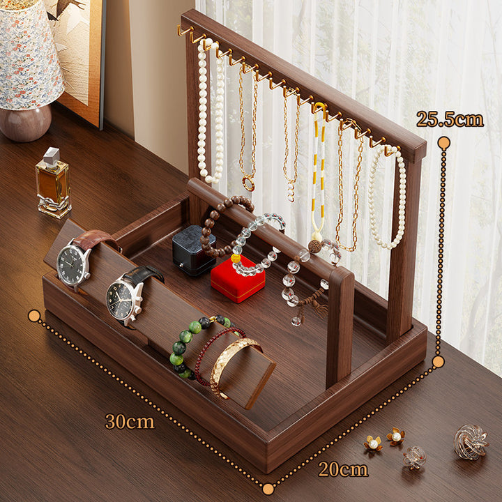 Solid Wood Jewelry and Watch Organizer Stand with Necklace Hooks and Bracelet Roll