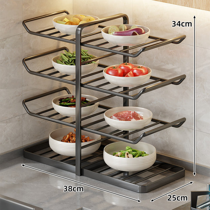 Four-Tier Swing-Out Kitchen Bowl Storage Rack Vertical Countertop Organizer