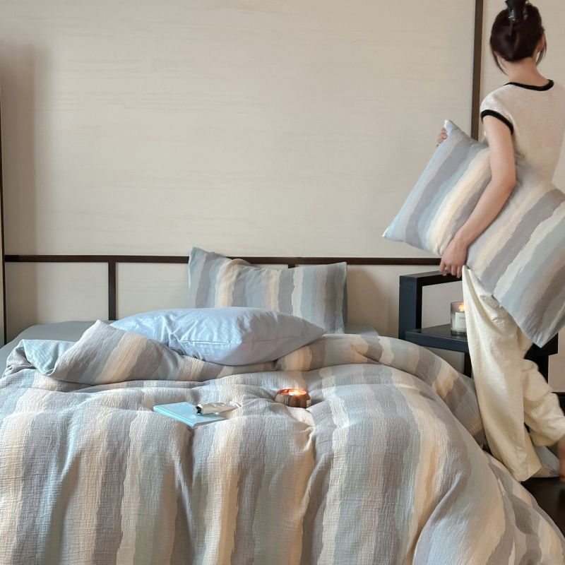 Pastel Striped Cotton-Linen Duvet Cover Set with Textured Seersucker Finish