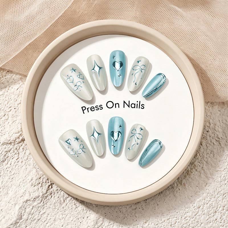 Artistic Press-On Nail Set with Heart and Star Designs Stornfield
