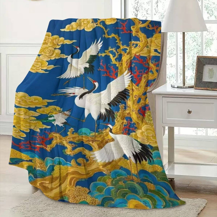 Elegant Crane-Patterned Fleece Throw Blanket