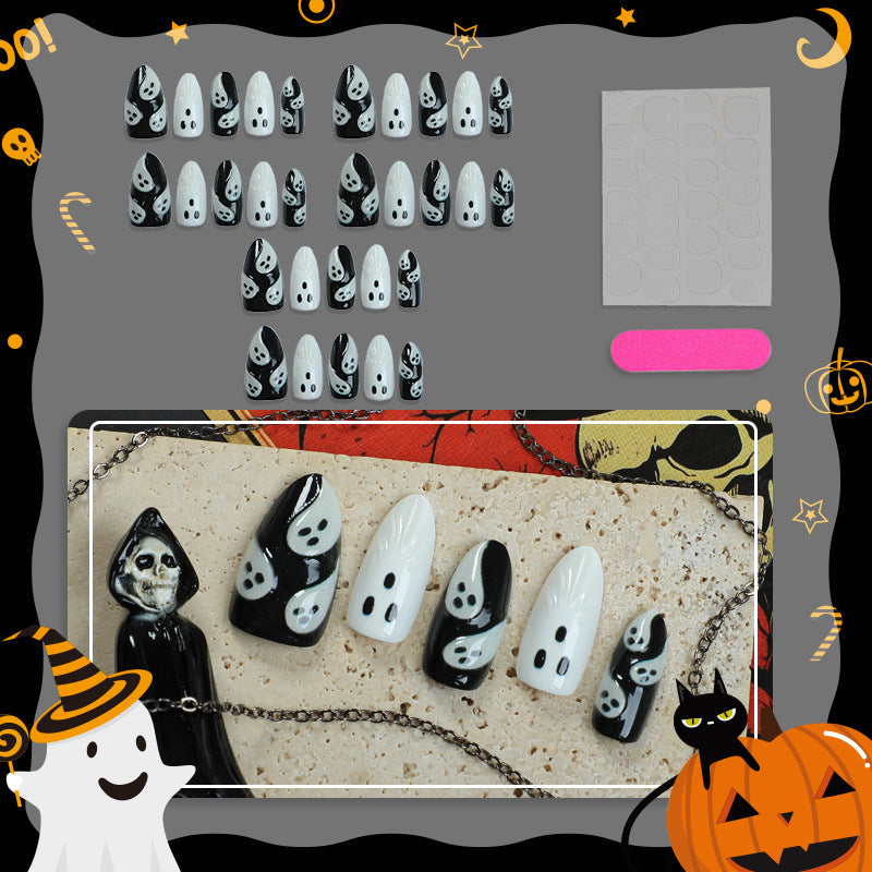 Spooky Ghost-Themed Press-On Nail Art