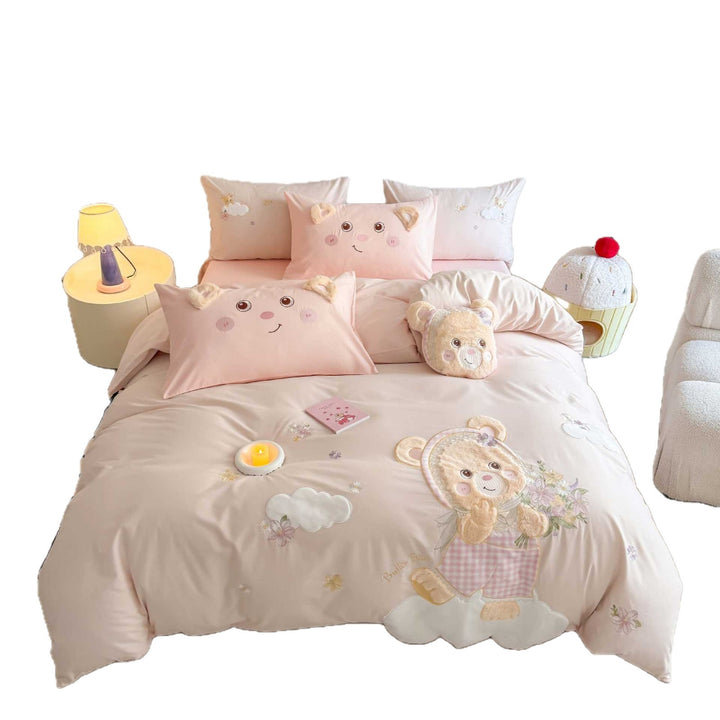 Teddy Appliqué Cotton Sateen Duvet Cover Set with Plush Ear Pillowcases