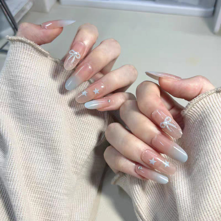 Decorative Press-On Nail Art Set with Bow and Gradient Details Stornfield