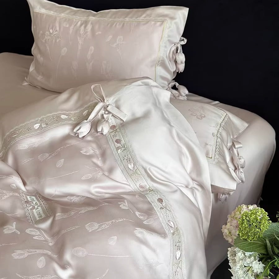 Premium Silk-Blend Floral Embroidered Bedding Ensemble with Bolster and Tie-Trim Pillow Shams
