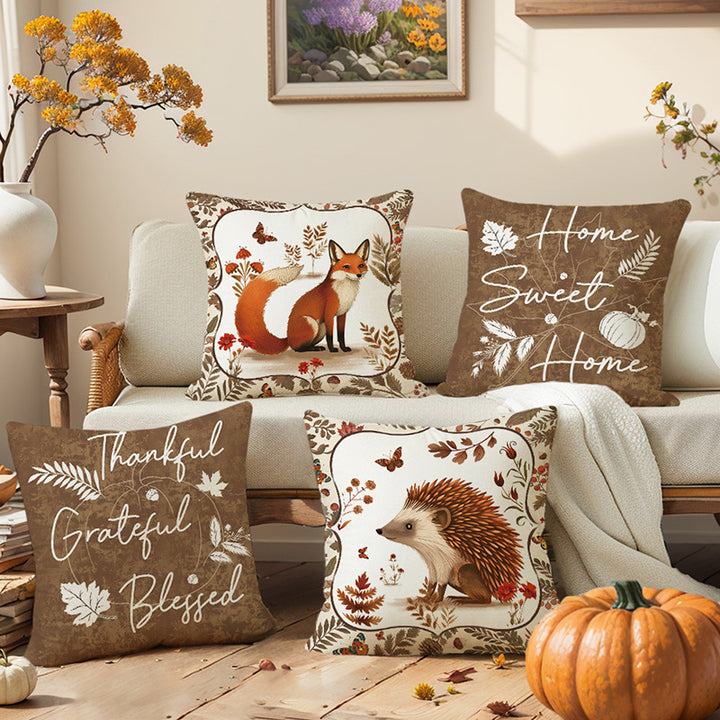 Rustic Farmhouse Square Cotton-Linen Decorative Pillow Cover with 'Home Sweet Home' Fall Pumpkin & Leaf Print