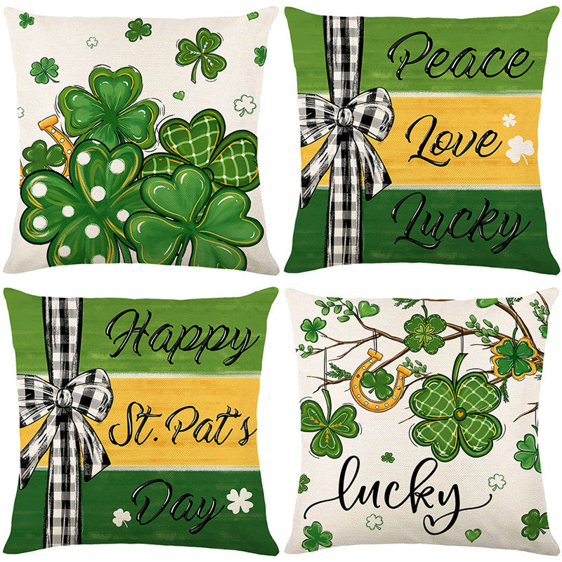 Decorative Throw Pillow Cover with Buffalo Check Bow and Shamrock Peace Love Lucky Print