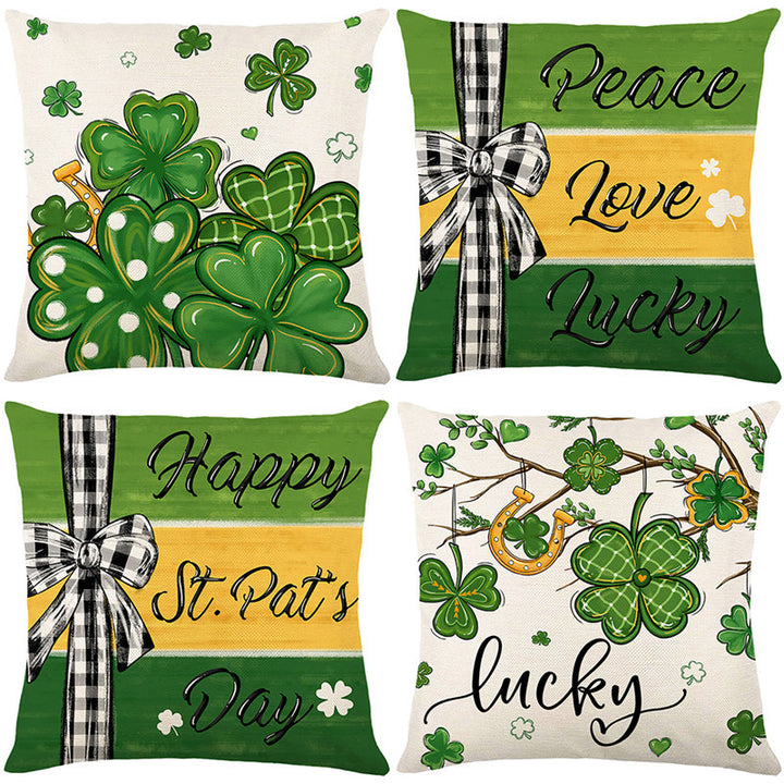 Decorative Throw Pillow Cover with Buffalo Check Bow and Shamrock Peace Love Lucky Print