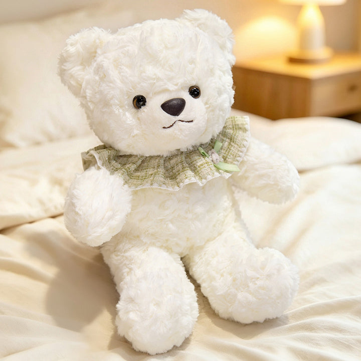 Curly-Fur Teddy Bear with Ruffled Plaid Collar and Embroidered Nose Stornfield