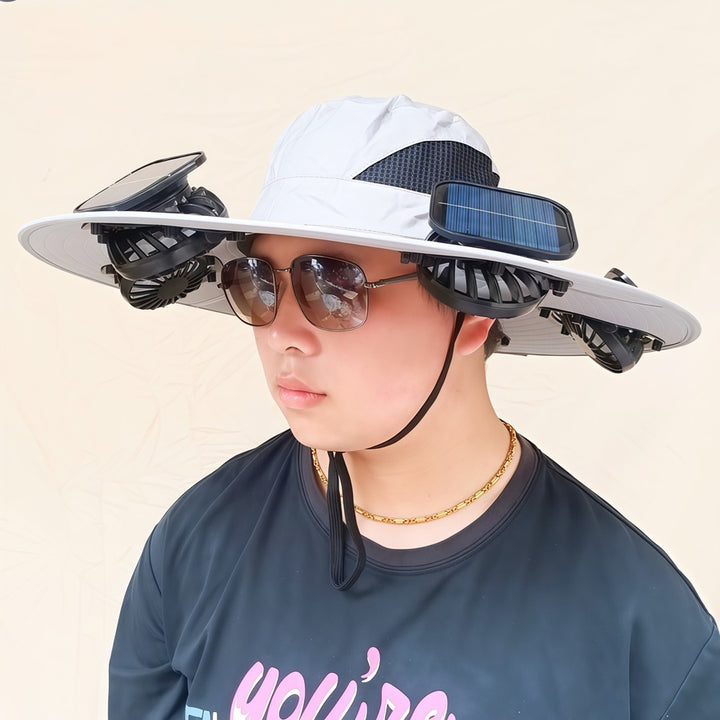 Wide-brimmed sun hat with detachable swivel solar fans and adjustable chin strap Stornfield