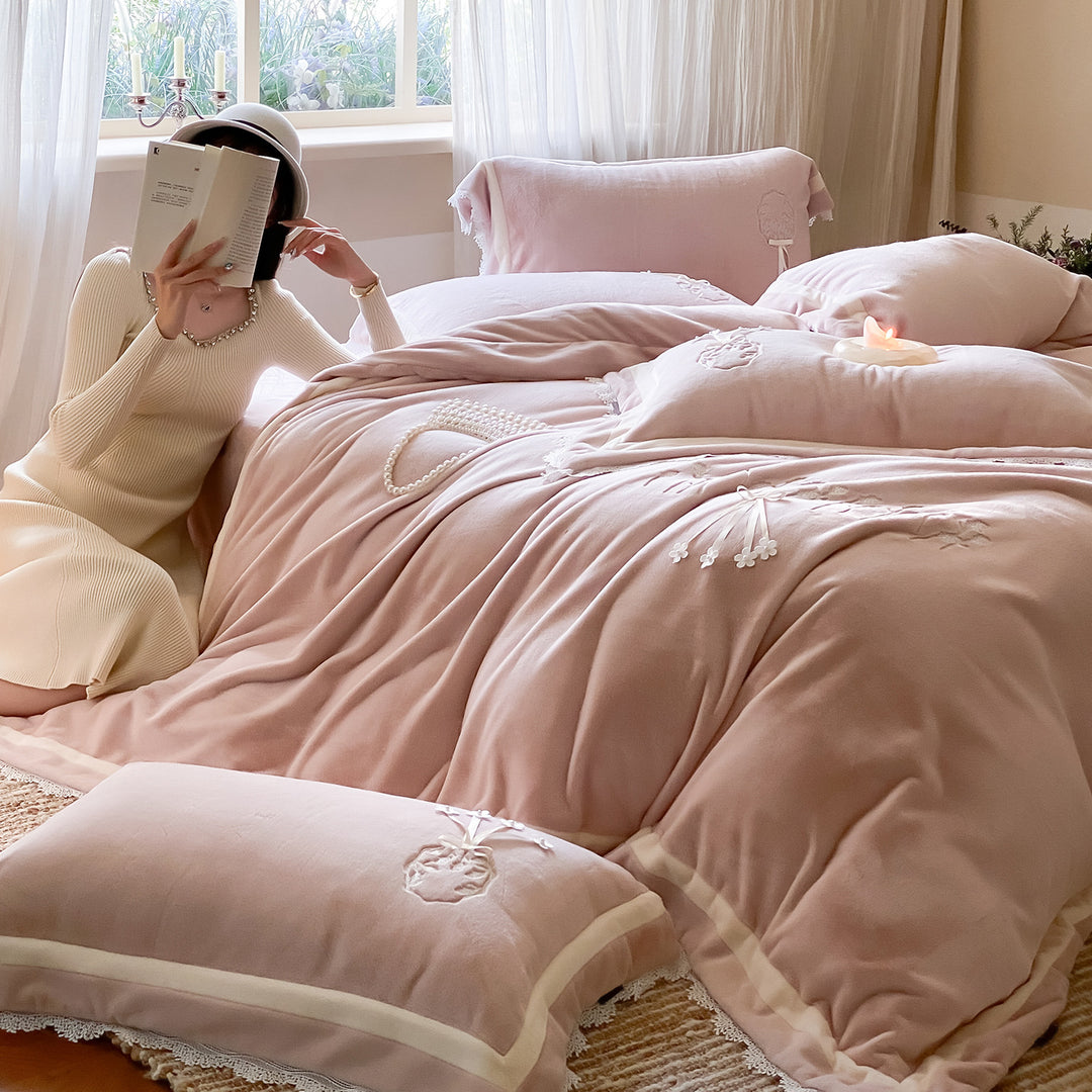Embroidered Lace-Trim Plush Velvet Duvet Cover Set with Decorative Pillow Shams