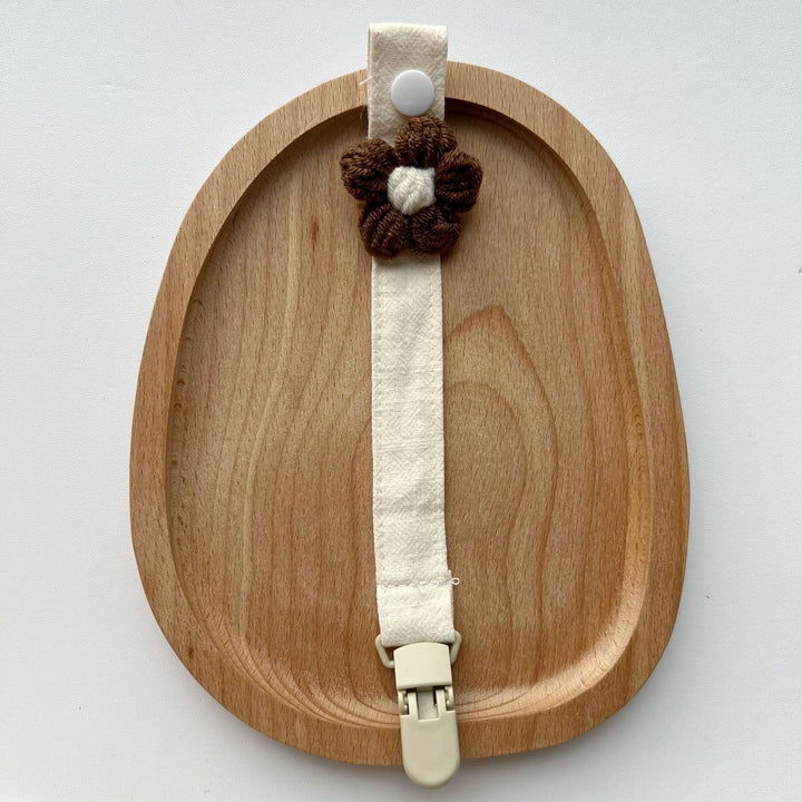 Crocheted Flower Pacifier and Teether Clip with Organic Cotton Strap