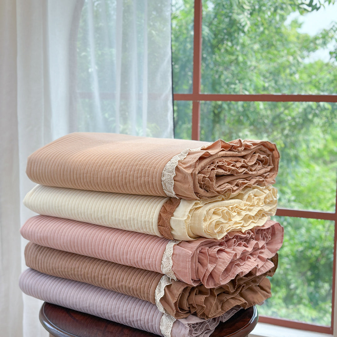 Quilted Ruffled Cotton Bedspread Set with Lace-Trim Pillow Shams