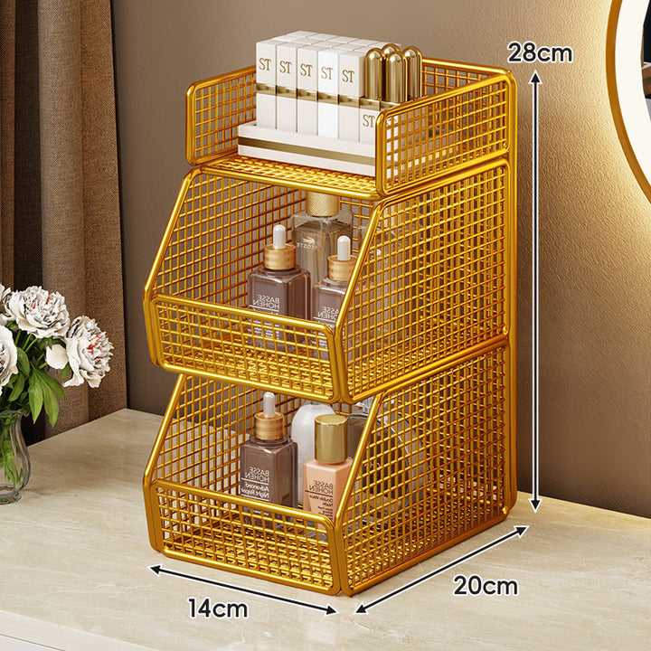 Two-Tier Metal Grid Countertop Vanity Organizer Shelf with Raised Front Lip