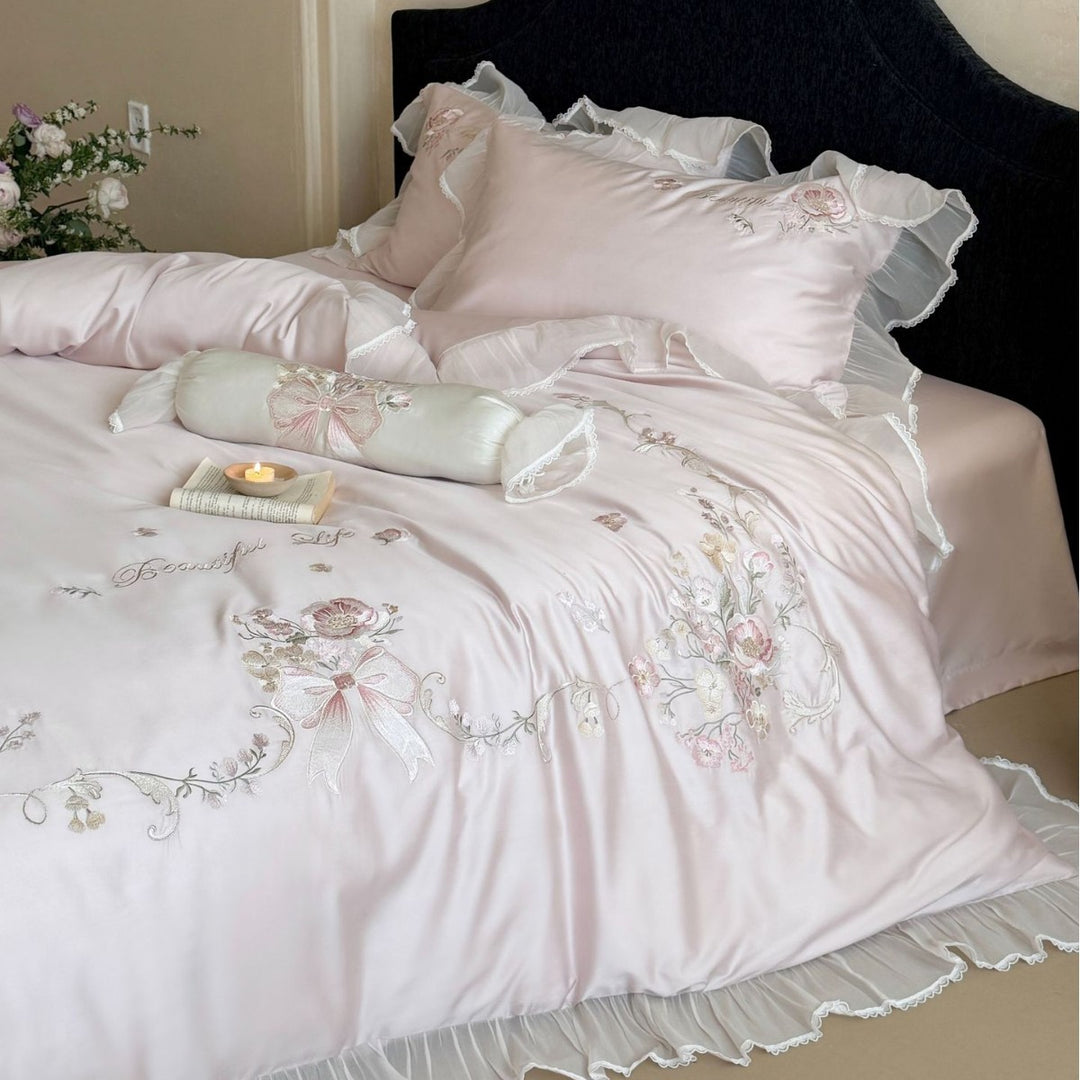 Luxurious Embroidered Satin Duvet Cover Set with Ruffled Chiffon Trim