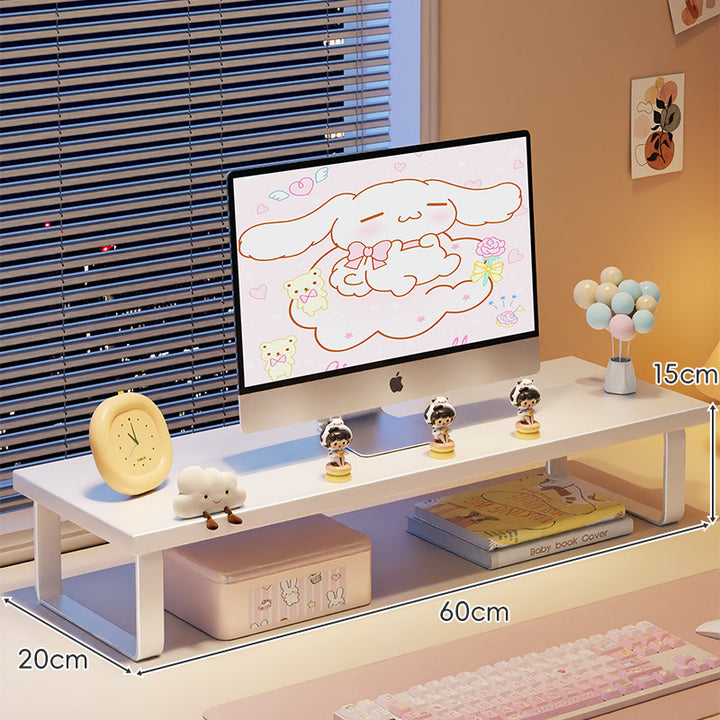 Low-Profile Wooden Monitor Riser with Metal Legs and Under-Shelf Storage