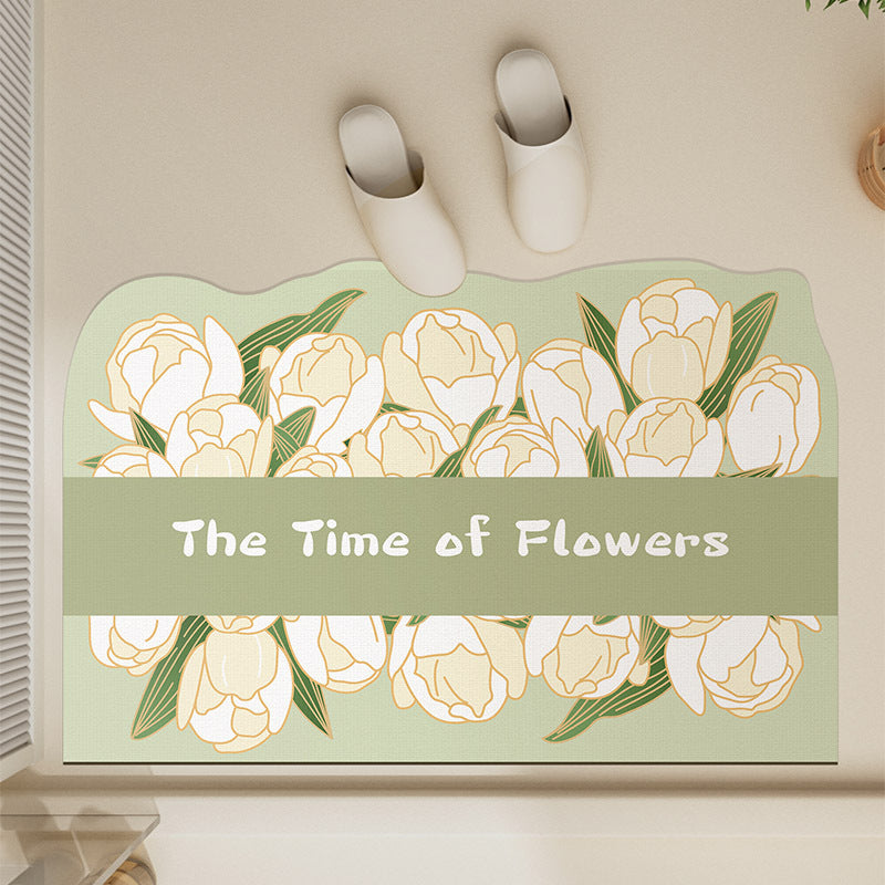 Absorbent Non-Slip Entrance Doormat with Tulip Illustration and 'The Time of Flowers' Typography