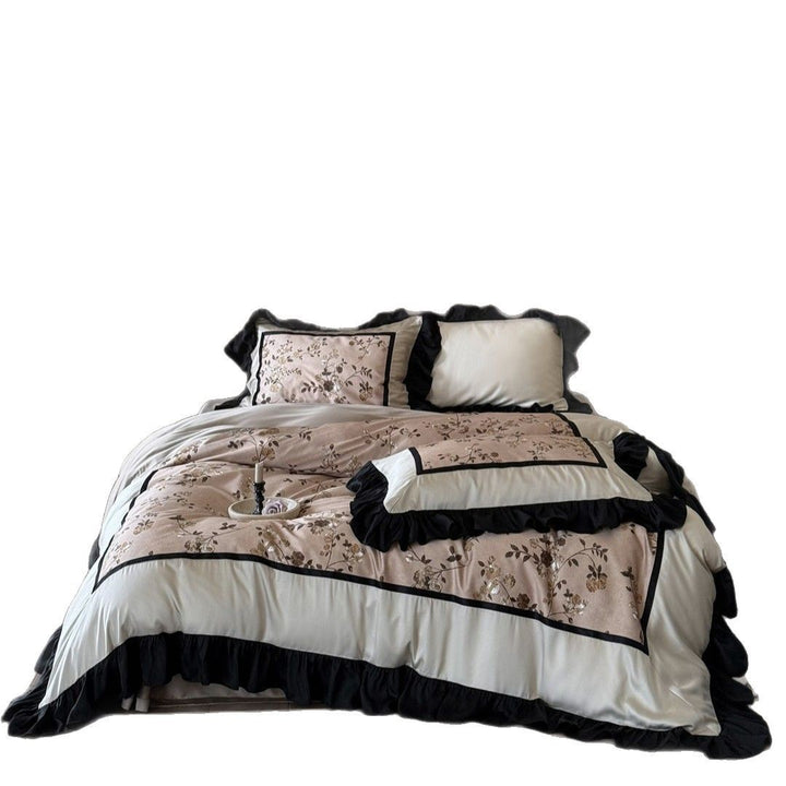 Victorian-Style Ruffled Floral Duvet Cover Set with Pleated Satin Border and Decorative Shams