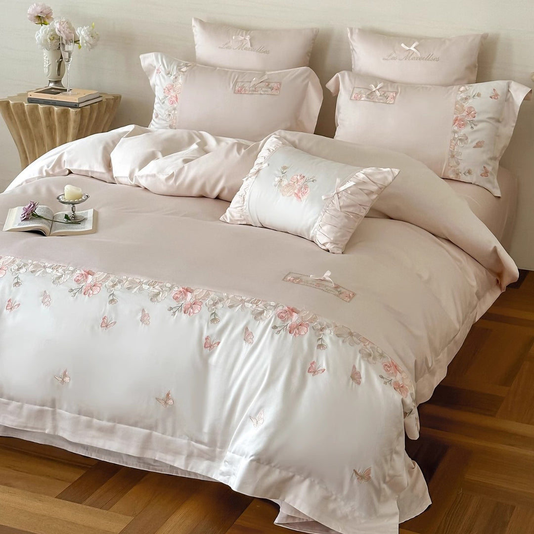 Silk-Feel Embroidered Floral Duvet Cover Set with Ruffled Accent Pillow