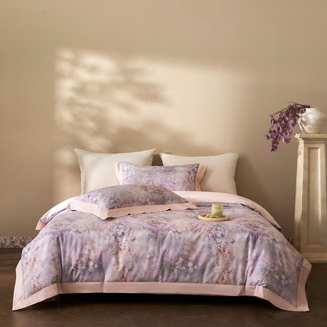 Floral Watercolor Cotton Sateen Duvet Cover Set with Contrast Hem
