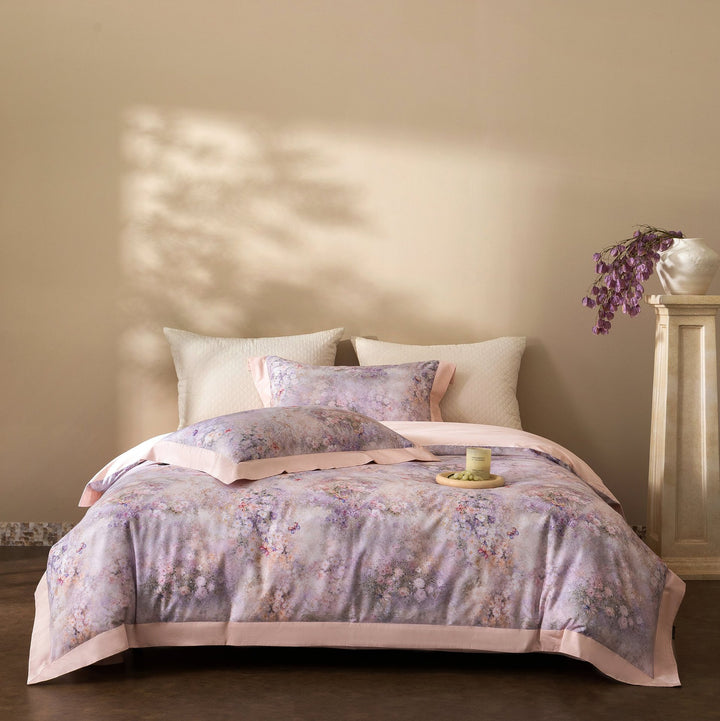 Floral Watercolor Cotton Sateen Duvet Cover Set with Contrast Hem
