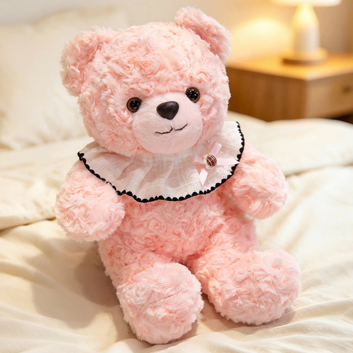 Curly-Fur Teddy Bear with Ruffled Plaid Collar and Embroidered Nose Stornfield