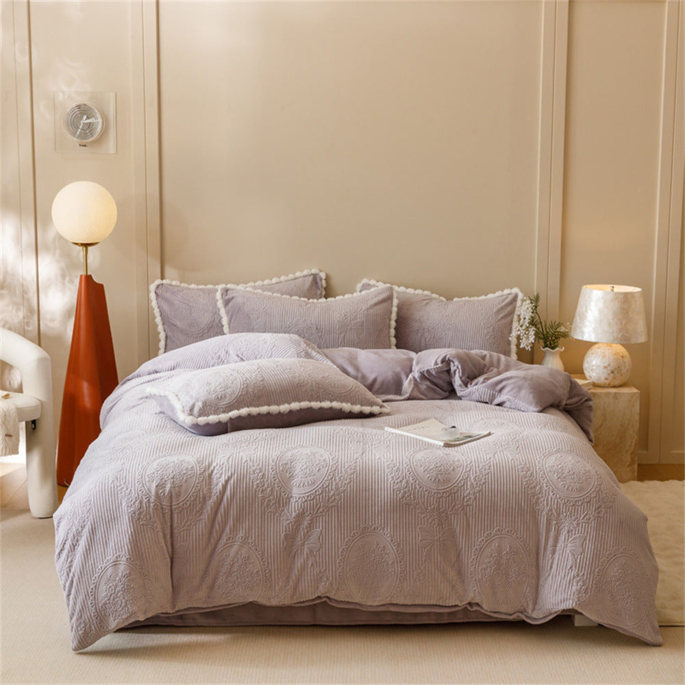 Quilted Medallion Embossed Duvet Cover Set with Pom-Pom Trim and Pillow Shams