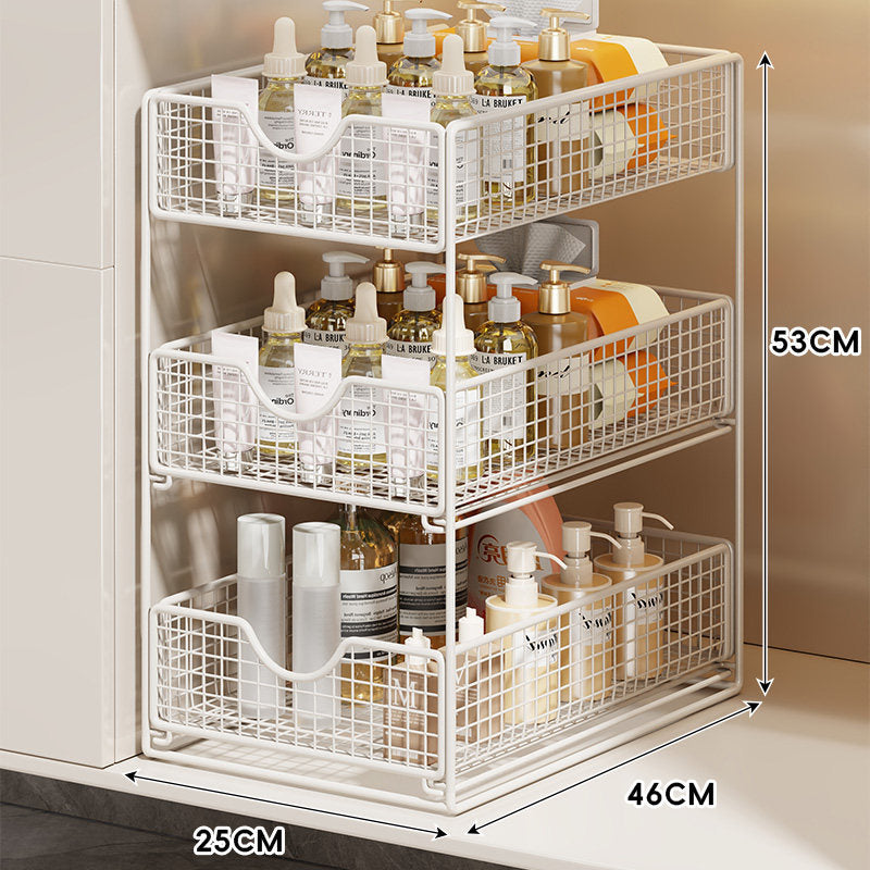 Three-Tier Sliding Mesh Drawer Cabinet Organizer for Kitchen and Bathroom