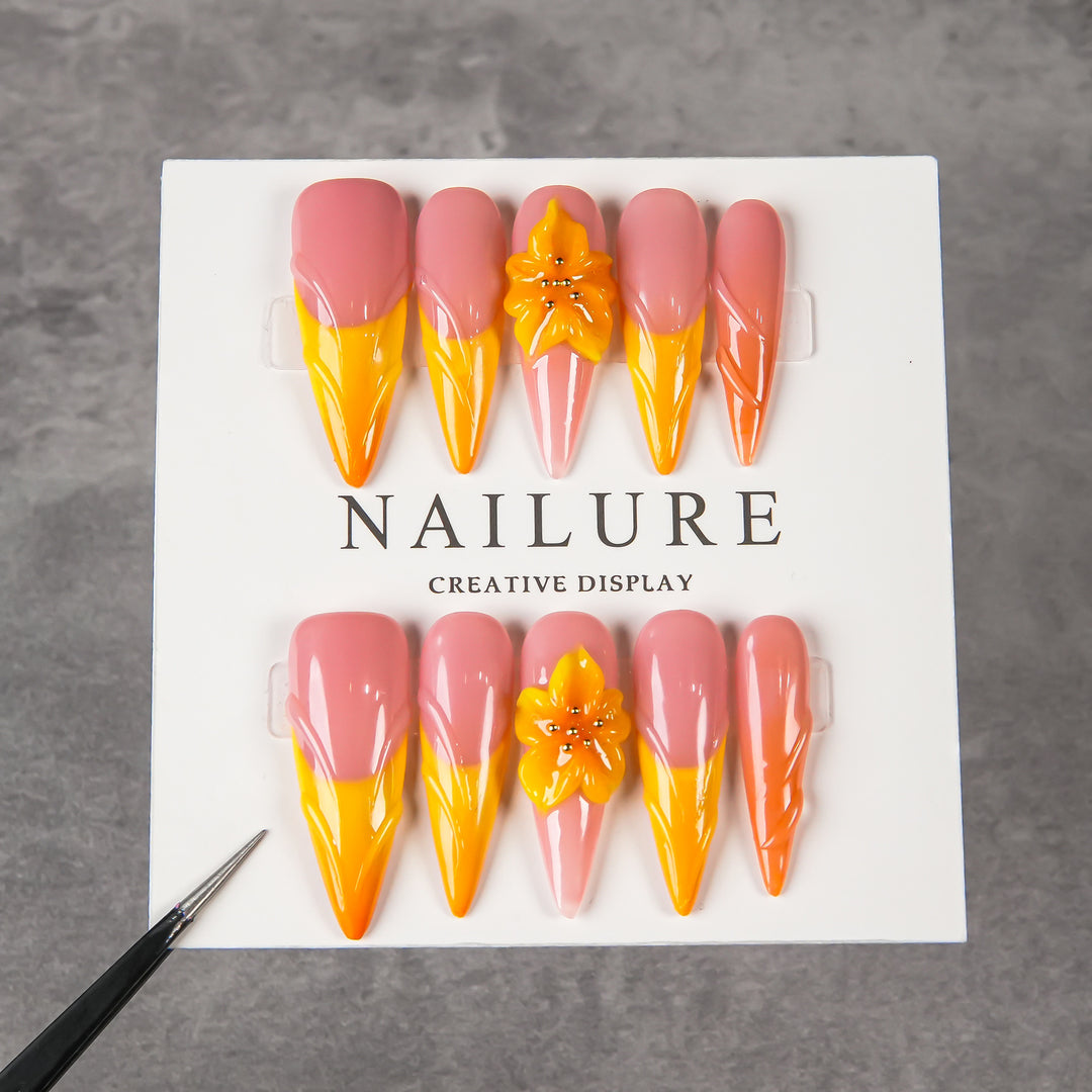 Artistic Stiletto Press-On Nail Set with Flower Accents