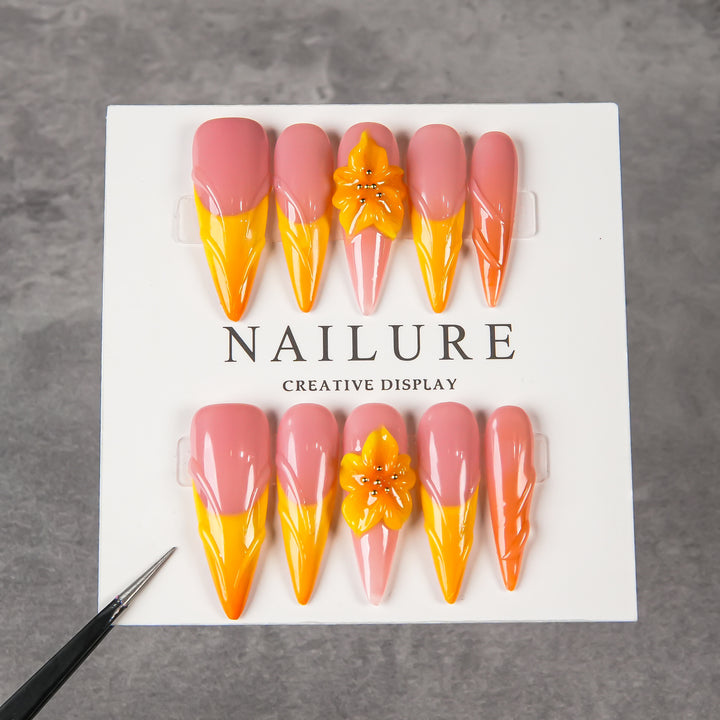 Artistic Stiletto Press-On Nail Set with Flower Accents