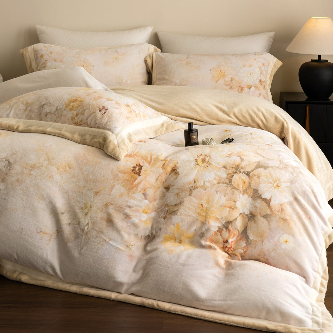 Floral Watercolor Plush Microfiber Duvet Cover Set with Reversible Back and Pillow Shams