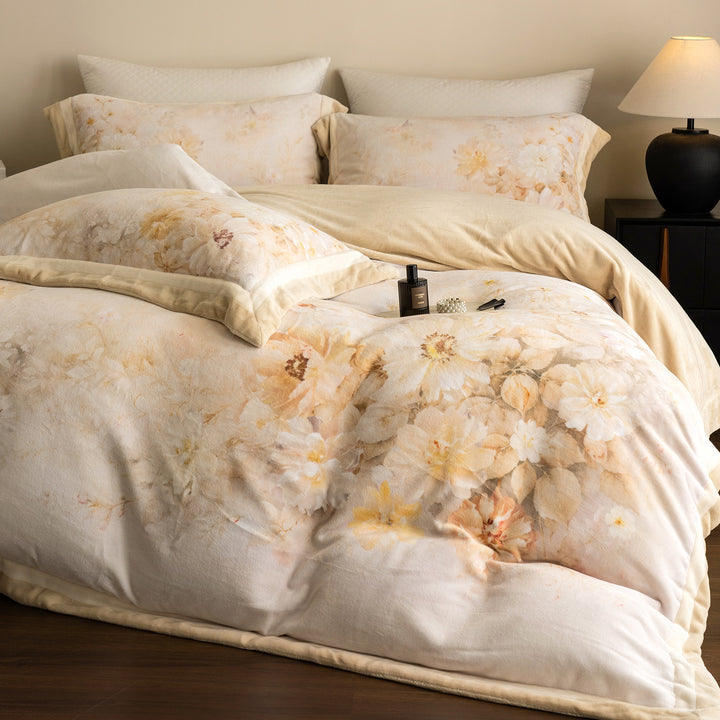 Floral Watercolor Plush Microfiber Duvet Cover Set with Reversible Back and Pillow Shams