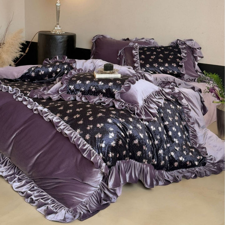 Ruffled Velvet Floral Quilted Duvet Cover Set