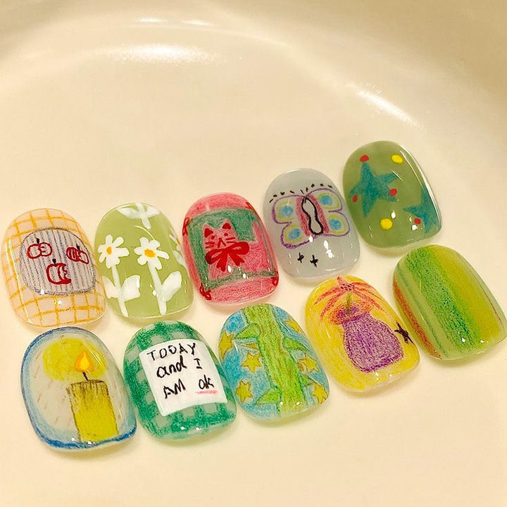 Artistic Cat-Themed Press-On Nail Art Set Stornfield