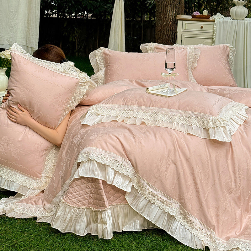 Ruffled Lace-Trim Jacquard Floral Duvet Cover Set with Quilted Bed Skirt and Pillow Shams