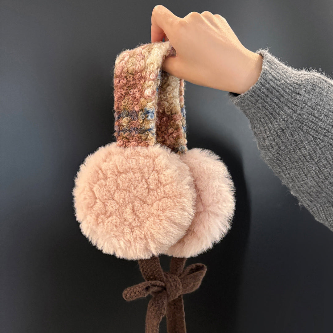Plush Curly Faux-Fur Round Earmuffs with Patterned Knit Tie Headband Stornfield