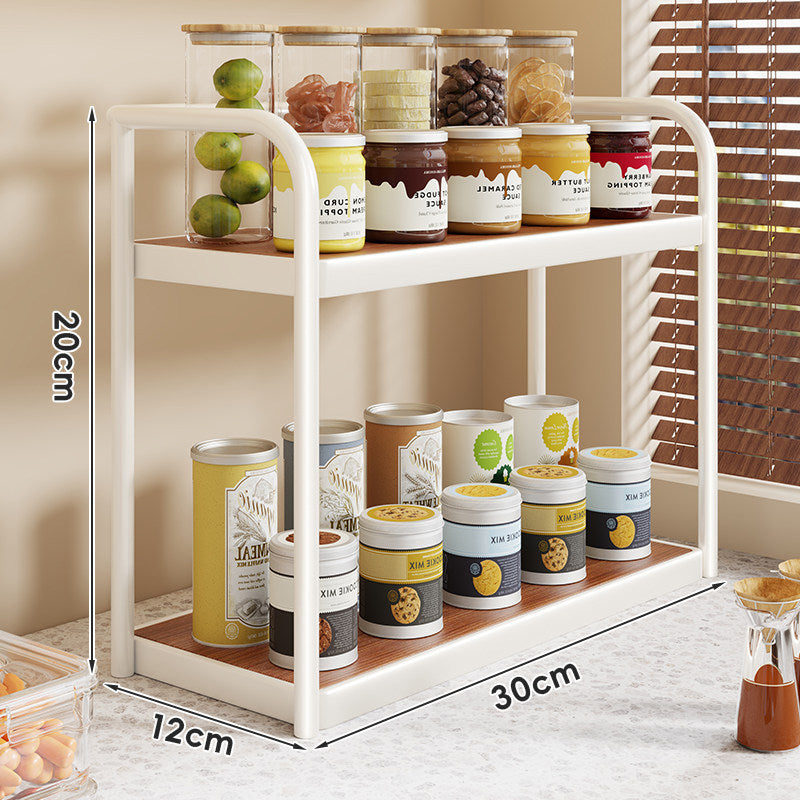 Two-Tier Compact Countertop Spice and Pantry Organizer Stand with Metal Frame and Wood-Effect Shelves
