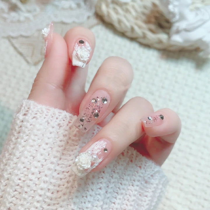 Acrylic nail set with elegant 3D flower and glitter decorations Stornfield