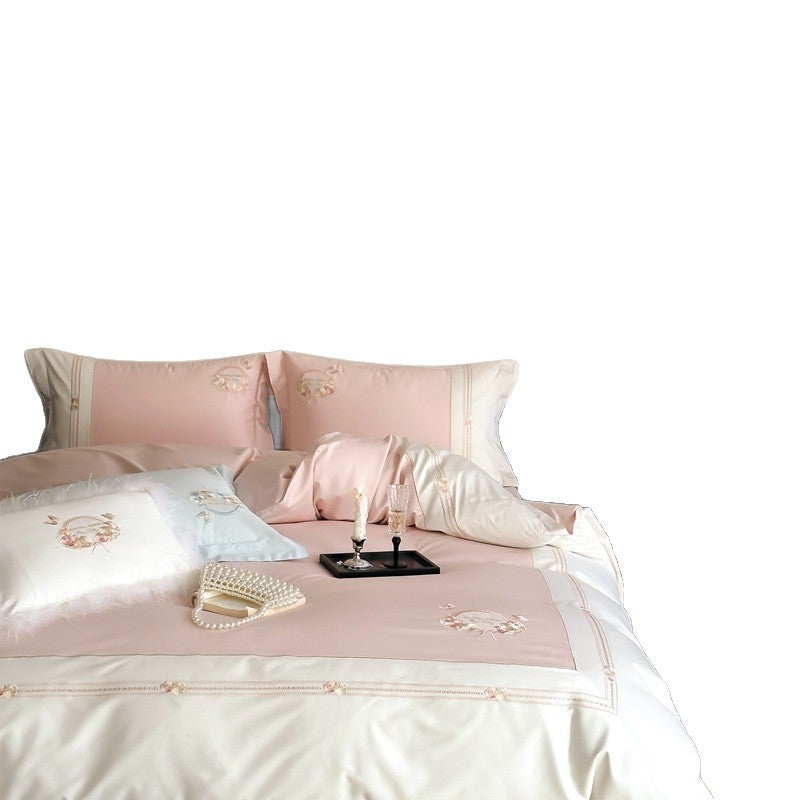 Luxurious satin bedding set with floral embroidery and fine satin collar