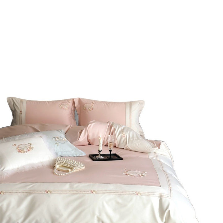 Luxurious satin bedding set with floral embroidery and fine satin collar