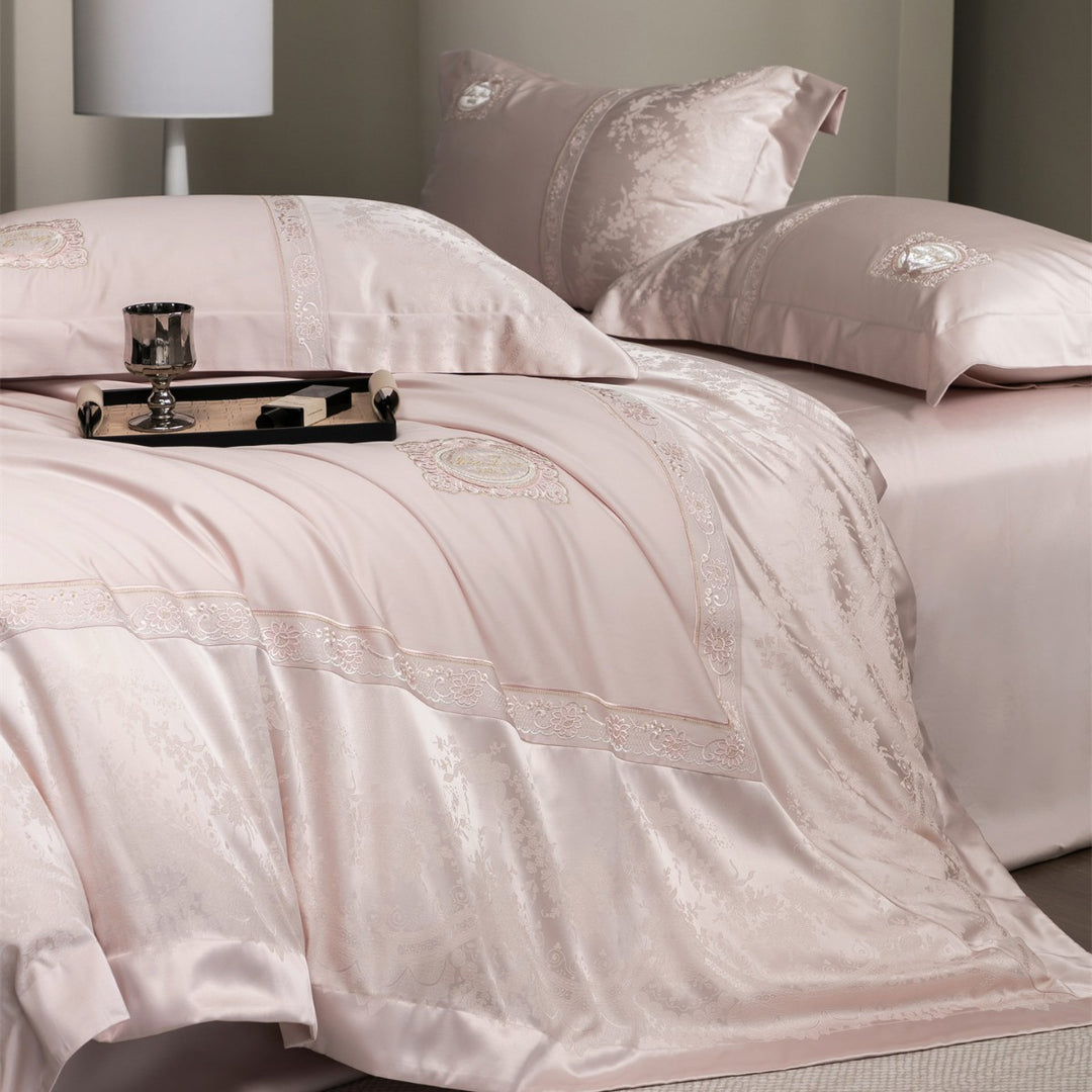Luxurious Embroidered Satin-Jacquard Duvet Cover Bedding Set with Medallion and Lace Border