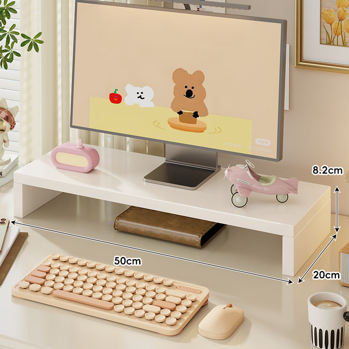 Wide Solid Wood Curved Desktop Monitor Stand Riser with Under-Shelf Storage